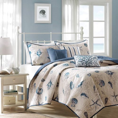 Madison Park Bayside FullQueen Size Quilt Bedding Set - Blue, Khaki, Seashells  6 Piece Bedding Quilt Coverlets  100% Cotton Sateen Bed Quilts Quilted Coverlet