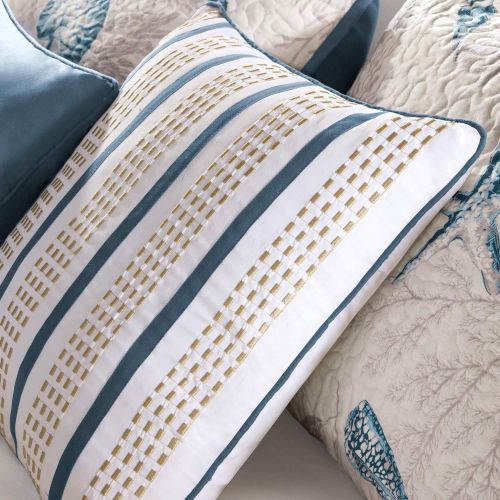  Madison Park Bayside FullQueen Size Quilt Bedding Set - Blue, Khaki, Seashells  6 Piece Bedding Quilt Coverlets  100% Cotton Sateen Bed Quilts Quilted Coverlet