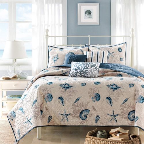  Madison Park Bayside FullQueen Size Quilt Bedding Set - Blue, Khaki, Seashells  6 Piece Bedding Quilt Coverlets  100% Cotton Sateen Bed Quilts Quilted Coverlet