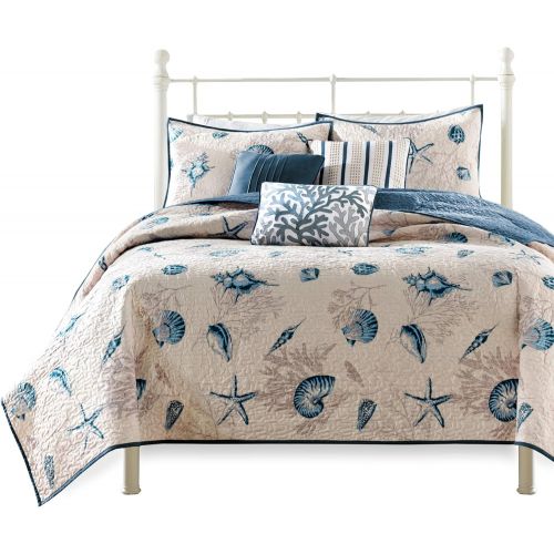  Madison Park Bayside FullQueen Size Quilt Bedding Set - Blue, Khaki, Seashells  6 Piece Bedding Quilt Coverlets  100% Cotton Sateen Bed Quilts Quilted Coverlet