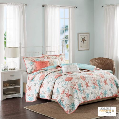  Madison Park Bayside FullQueen Size Quilt Bedding Set - Blue, Khaki, Seashells  6 Piece Bedding Quilt Coverlets  100% Cotton Sateen Bed Quilts Quilted Coverlet