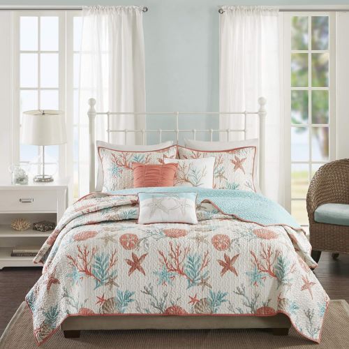  Madison Park Bayside FullQueen Size Quilt Bedding Set - Blue, Khaki, Seashells  6 Piece Bedding Quilt Coverlets  100% Cotton Sateen Bed Quilts Quilted Coverlet