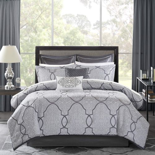  Madison Park Tiburon Queen Size Bed Comforter Set Bed in A Bag - Taupe, Jacquard  12 Pieces Bedding Sets  Ultra Soft Microfiber Bedroom Comforters