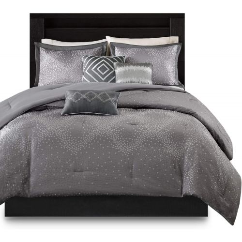  Madison Park Quinn Queen Size Bed Comforter Set Bed in A Bag - Grey, Jacquard  7 Pieces Bedding Sets  Ultra Soft Microfiber Bedroom Comforters