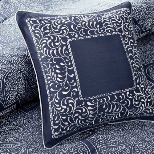  Madison Park Medina Queen Size Bed Comforter Set Bed in A Bag - Navy, Silver, Jacquard Fretwork Pattern  8 Pieces Bedding Sets  Ultra Soft Microfiber Bedroom Comforters