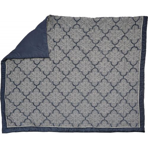  Madison Park Medina Queen Size Bed Comforter Set Bed in A Bag - Navy, Silver, Jacquard Fretwork Pattern  8 Pieces Bedding Sets  Ultra Soft Microfiber Bedroom Comforters