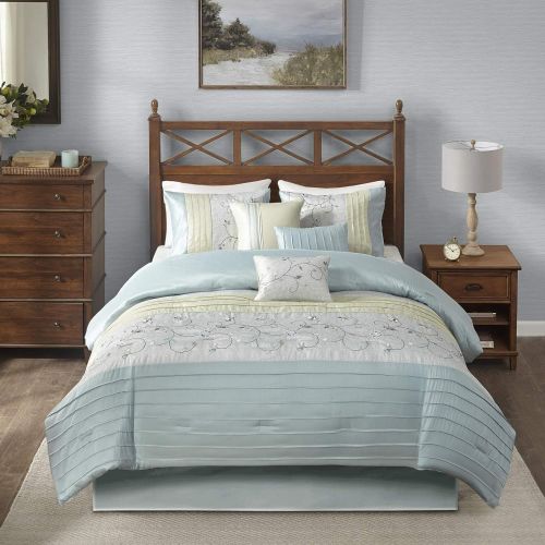  Madison Park Serene Cal King Size Bed Comforter Set Bed in A Bag - Aqua, Embroidered  7 Pieces Bedding Sets  Faux Silk Bedroom Comforters