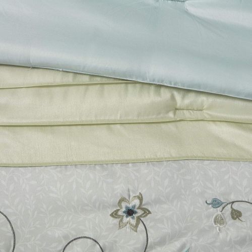  Madison Park Serene Cal King Size Bed Comforter Set Bed in A Bag - Aqua, Embroidered  7 Pieces Bedding Sets  Faux Silk Bedroom Comforters