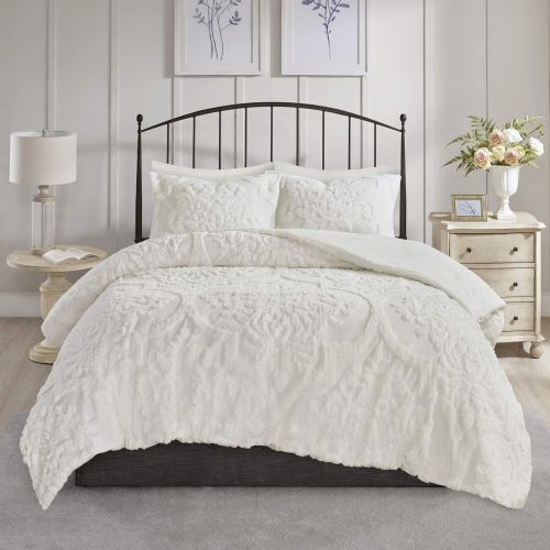  Madison Park Sabrina Comforter Set FullQueen Size - White, Medallion  4 Piece Bed Sets  100% Cotton Teen Bedding for Girls Bedroom