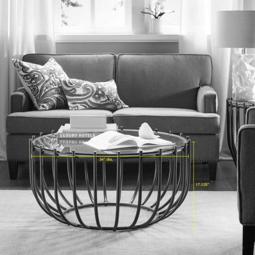  Madison Park MP120-0165 Jaxton Accent Round Glass Tabletop with Metal Mid-Century Modern Minimalist Drum Wire Frame Coffee Table, 34 Inch Wide, Graphite