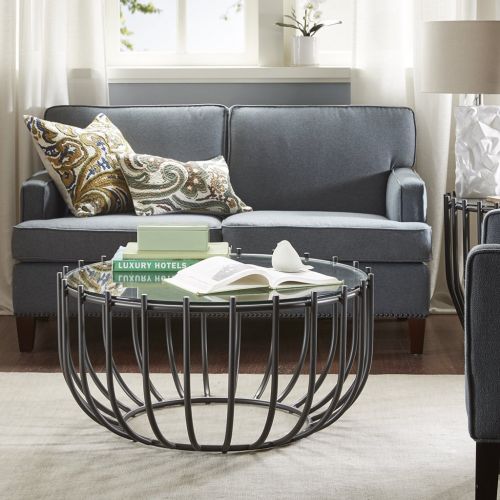  Madison Park MP120-0165 Jaxton Accent Round Glass Tabletop with Metal Mid-Century Modern Minimalist Drum Wire Frame Coffee Table, 34 Inch Wide, Graphite