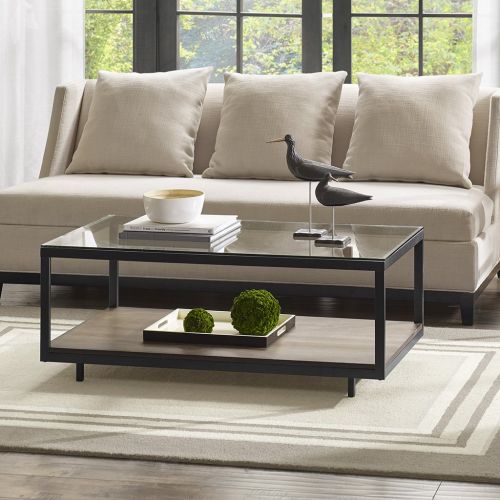  Madison Park MP120-0171 Pratt Accent Rectangular Glass Tabletop with Iron Metal Frame Mid-Century Modern Minimalist Coffee Table with Lower Storage Shelf, 44 Inch Wide,