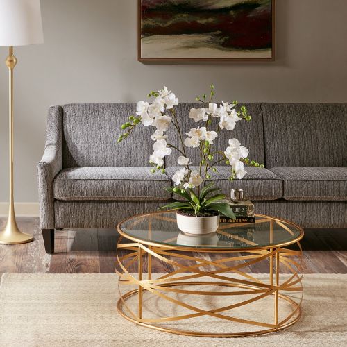  Madison Park Nora 36-inch Round Coffee Table with Metallic Gold Metal Frame and Glass Top Gold See Below