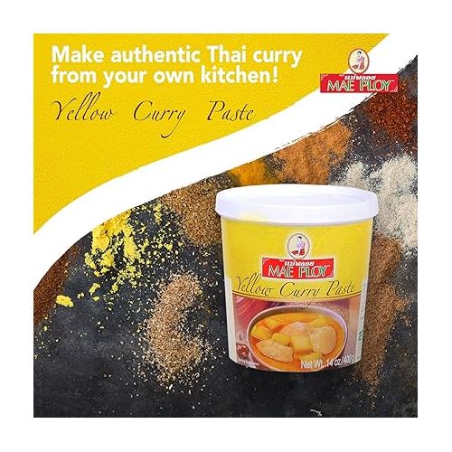  Mae Ploy Thai Yellow Curry Paste for Restaurant-Quality Curries, Aromatic Blend of Herbs, Spices & Shrimp Paste, No MSG, Preservatives or Artificial Coloring (14oz Tub)