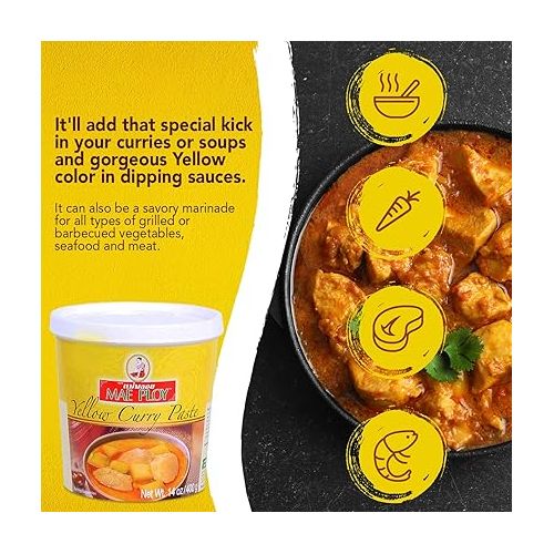  Mae Ploy Thai Yellow Curry Paste for Restaurant-Quality Curries, Aromatic Blend of Herbs, Spices & Shrimp Paste, No MSG, Preservatives or Artificial Coloring (14oz Tub)