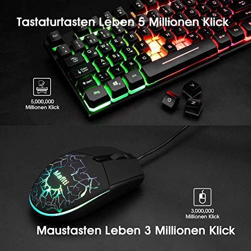  [아마존베스트]Mafiti Gaming Keyboard and Mouse Set, Wired Keyboard Mouse Set, LED Backlight QWERTZ (DE Layout), Rainbow Colours, Illumination Keyboard and Mouse for Gaming and Office