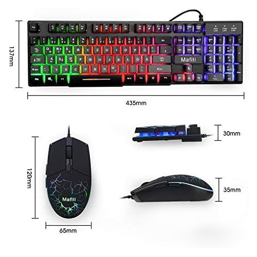  [아마존베스트]Mafiti Gaming Keyboard and Mouse Set, Wired Keyboard Mouse Set, LED Backlight QWERTZ (DE Layout), Rainbow Colours, Illumination Keyboard and Mouse for Gaming and Office