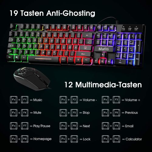  [아마존베스트]Mafiti Gaming Keyboard and Mouse Set, Wired Keyboard Mouse Set, LED Backlight QWERTZ (DE Layout), Rainbow Colours, Illumination Keyboard and Mouse for Gaming and Office