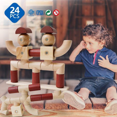  Magblock Magnetic Wooden Blocks - Magnet Toys Wood Blocks for Kids Toddlers Magnetic Blocks Preschool Magnet Set Toys 24 Pieces