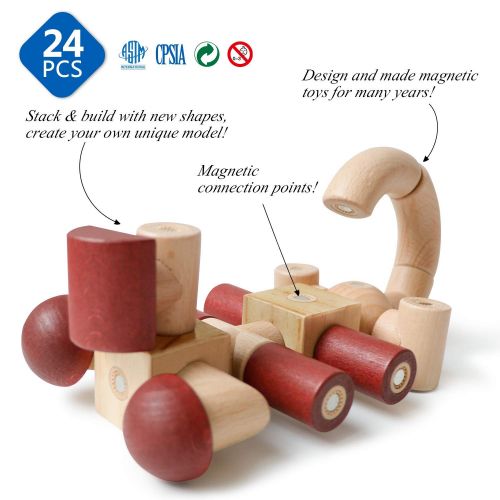 Magblock Magnetic Wooden Blocks - Magnet Toys Wood Blocks for Kids Toddlers Magnetic Blocks Preschool Magnet Set Toys 24 Pieces