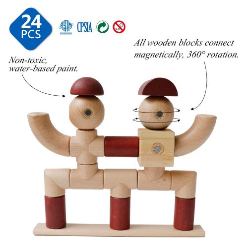  Magblock Magnetic Wooden Blocks - Magnet Toys Wood Blocks for Kids Toddlers Magnetic Blocks Preschool Magnet Set Toys 24 Pieces