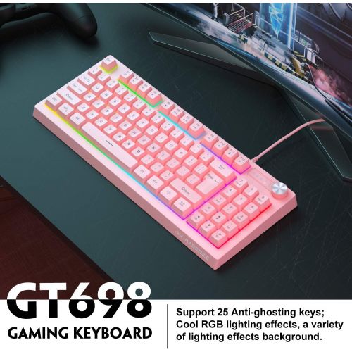  MageGee GT698 TKL Gaming Keyboard, 89 Keys RGB Rainbow Backlit Computer Keyboard, Anti-Ghosting USB Wired Gaming Keyboard for Windows Gaming PC Laptop (Pink)