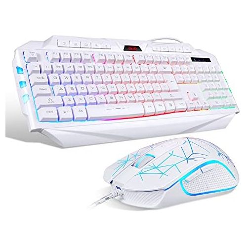  White Gaming Keyboard and Mouse Combo,MageGee GK710 Wired Backlit Keyboard and White Gaming Mouse Combo,PC Keyboard and Adjustable DPI Mouse for PC/loptop/MAC