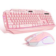 Pink Gaming Keyboard and Mouse Combo,MageGee GK710 Wired Backlight Pink Keyboard and Pink Mouse for Girl,PC Keyboard and Adjustable DPI Mouse for PC/Laptop/MAC(Pink)