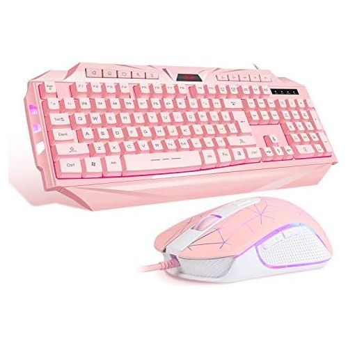  Pink Gaming Keyboard and Mouse Combo,MageGee GK710 Wired Backlight Pink Keyboard and Pink Mouse for Girl,PC Keyboard and Adjustable DPI Mouse for PC/Laptop/MAC(Pink)