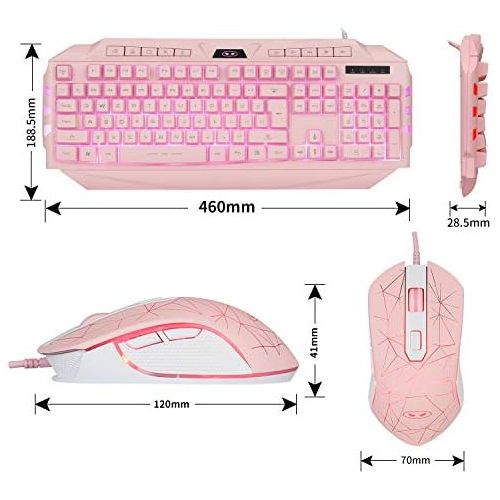  Pink Gaming Keyboard and Mouse Combo,MageGee GK710 Wired Backlight Pink Keyboard and Pink Mouse for Girl,PC Keyboard and Adjustable DPI Mouse for PC/Laptop/MAC(Pink)