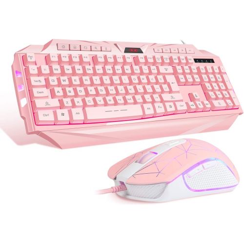  Pink Gaming Keyboard and Mouse Combo,MageGee GK710 Wired Backlight Pink Keyboard and Pink Mouse for Girl,PC Keyboard and Adjustable DPI Mouse for PC/Laptop/MAC(Pink)