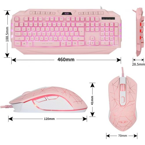  Pink Gaming Keyboard and Mouse Combo,MageGee GK710 Wired Backlight Pink Keyboard and Pink Mouse for Girl,PC Keyboard and Adjustable DPI Mouse for PC/Laptop/MAC(Pink)