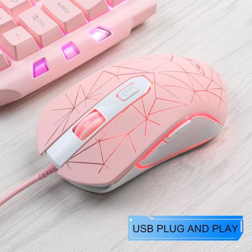  Pink Gaming Keyboard and Mouse Combo,MageGee GK710 Wired Backlight Pink Keyboard and Pink Mouse for Girl,PC Keyboard and Adjustable DPI Mouse for PC/Laptop/MAC(Pink)