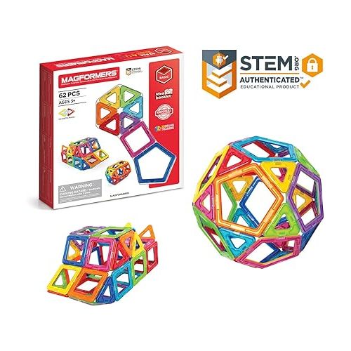  Magformers Basic Set (62-pieces) Magnetic Building Blocks, Educational Magnetic Tiles, Magnetic Building STEM Toy, Multi-colored, Model Number: 63070