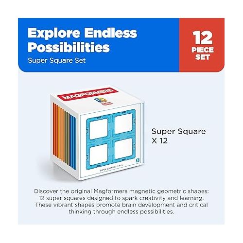  MAGFORMERS Super Square 12 Pieces Rainbow Colors, Educational Magnetic Geometric Shapes Tiles Building STEM Toy Set Ages 3+