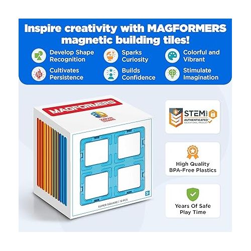  MAGFORMERS Super Square 12 Pieces Rainbow Colors, Educational Magnetic Geometric Shapes Tiles Building STEM Toy Set Ages 3+