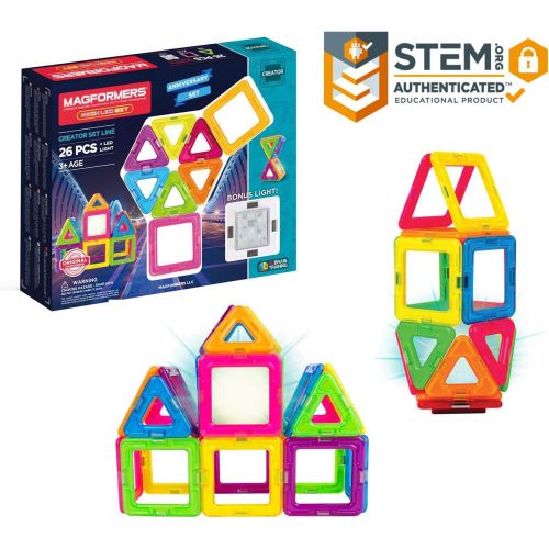  Magformers Neon (26 Piece) + Bonus Light Magnetic Building Blocks, Educational Magnetic Tiles Kit , Magnetic Construction STEM Toy Set