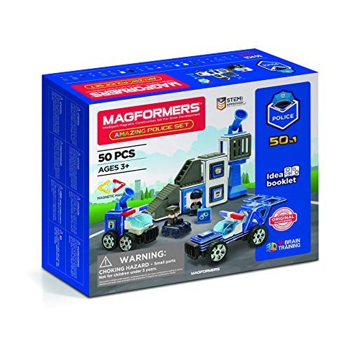  Magformers Amazing Police 50Piece, Wheels, Blue Red Colors, Educational Magnetic Geometric Shapes Tiles Building STEM Toy Set Ages 3+