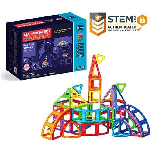  Magformers School Series Set (180 Piece) Magnetic Building Blocks, Educational Magnetic Tiles Kit , Magnetic Construction STEM Toy Set