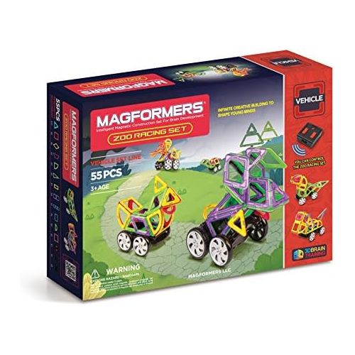  Magformers Vehicle Zoo Racing Set (55-pieces) Magnetic Building Blocks, Educational Magnetic Tiles Kit, Magnetic Construction STEM Set includes remote control wheels