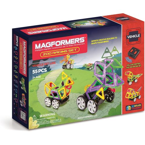  Magformers Vehicle Zoo Racing Set (55-pieces) Magnetic Building Blocks, Educational Magnetic Tiles Kit, Magnetic Construction STEM Set includes remote control wheels