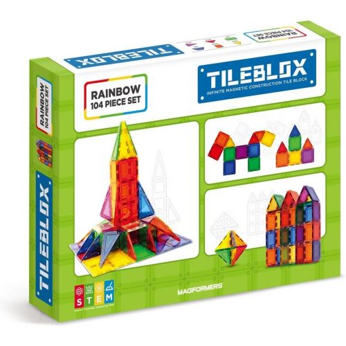  Magformers Tileblox Rainbow 104pc Set Magnetic Building Blocks, Educational Magnetic Tiles Kit , Magnetic Construction STEM Toy Set