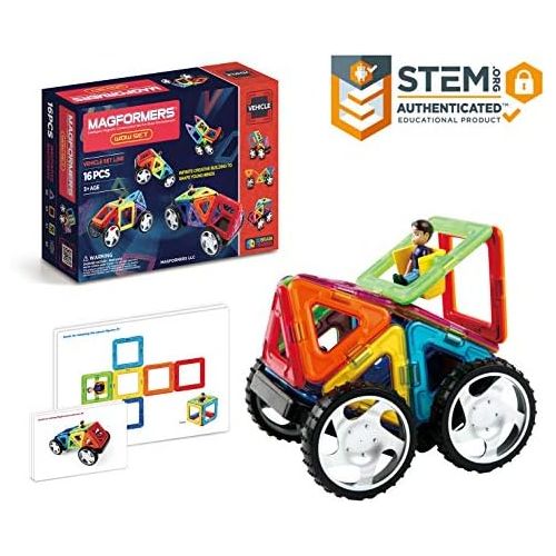  Magformers Vehicle Wow Set (16-pieces) Magnetic Building Blocks, Educational Magnetic Tiles Kit , Magnetic Construction STEM Toy Set includes wheels