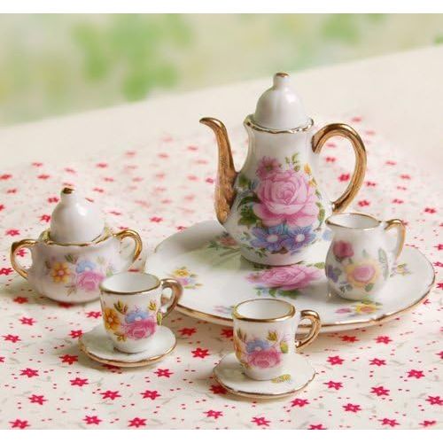 제네릭 MagiDeal 8 Stueck Miniatur Puppenhaus ESS Geschirr Porzellan Tee Set Teller Tasse Teller rosa Rose