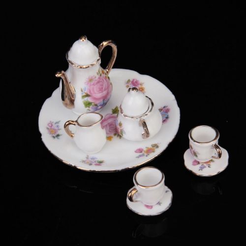  MagiDeal 8 Stueck Miniatur Puppenhaus ESS Geschirr Porzellan Tee Set Teller Tasse Teller rosa Rose