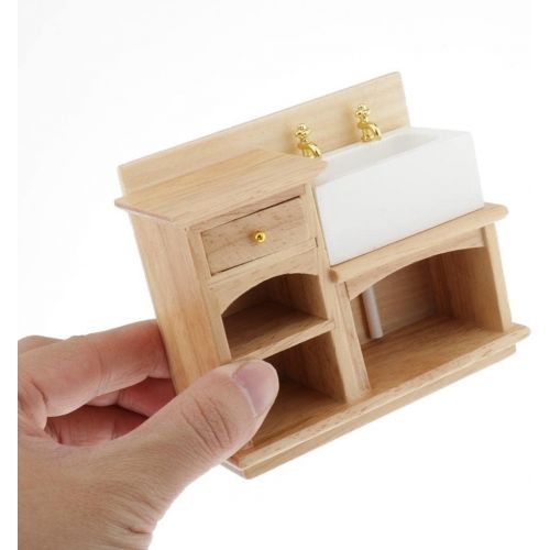  MagiDeal Miniature Wooden Cabinet with Ceramic Sink Furniture for Dollhouse Bathroom or Kitchen Decoration