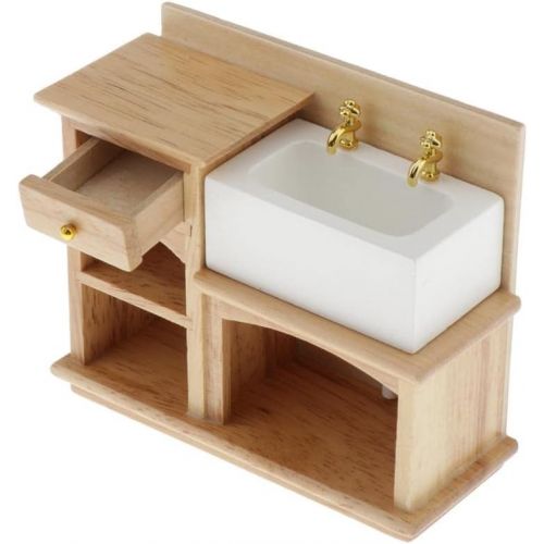  MagiDeal Miniature Wooden Cabinet with Ceramic Sink Furniture for Dollhouse Bathroom or Kitchen Decoration