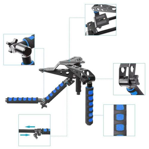  MagiDeal Foldable DSLR Camera Shoulder Rig Mount Kit Rail Rod Support with Dual Handgrip for Camera Movie Film Handle Stabilizer Kit Blue