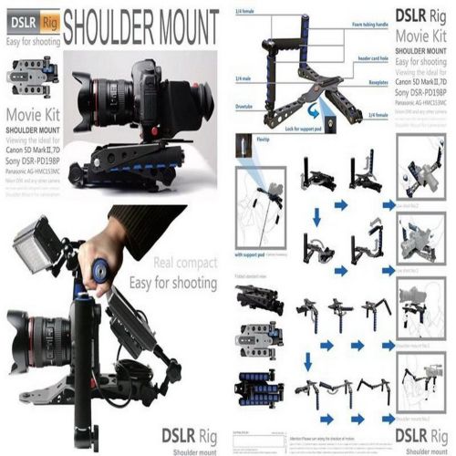  MagiDeal Foldable DSLR Camera Shoulder Rig Mount Kit Rail Rod Support with Dual Handgrip for Camera Movie Film Handle Stabilizer Kit Blue