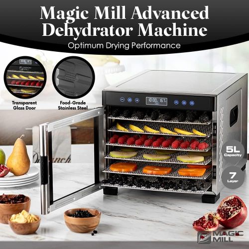  Magic Mill Food Dehydrator Machine 7 Stainless Steel Trays Dryer for Jerky, Dog Treats, Herb, Meat, Beef, Fruit Keep Warm Function, Digital Timer and Temperature Control, Equipped